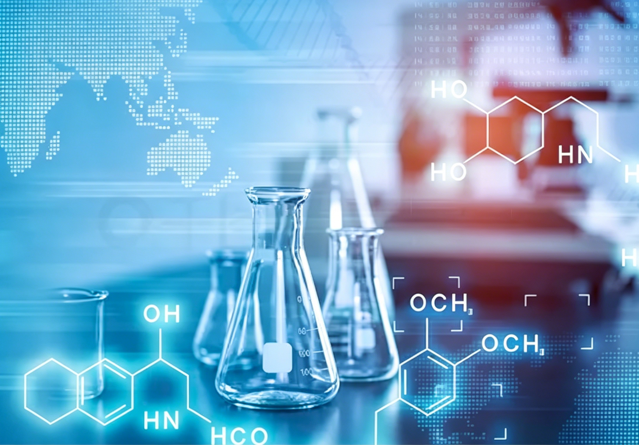Fragrance laboratory concept with global market and molecular visual overlays
