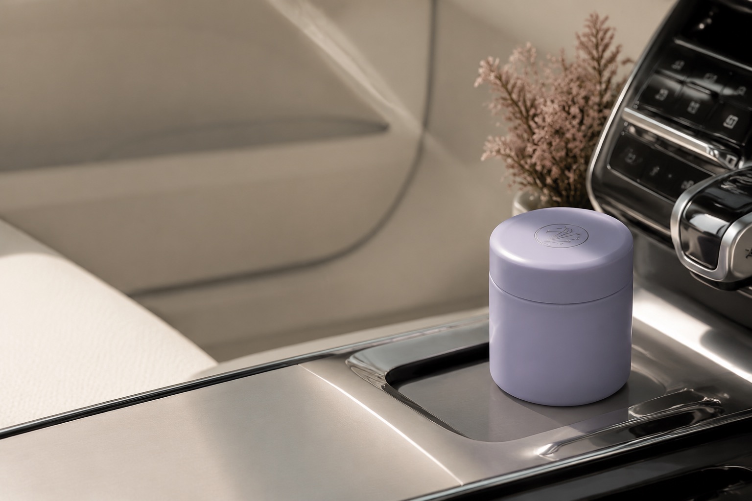 Zelkyn solid fragrance product in a refined car interior mood