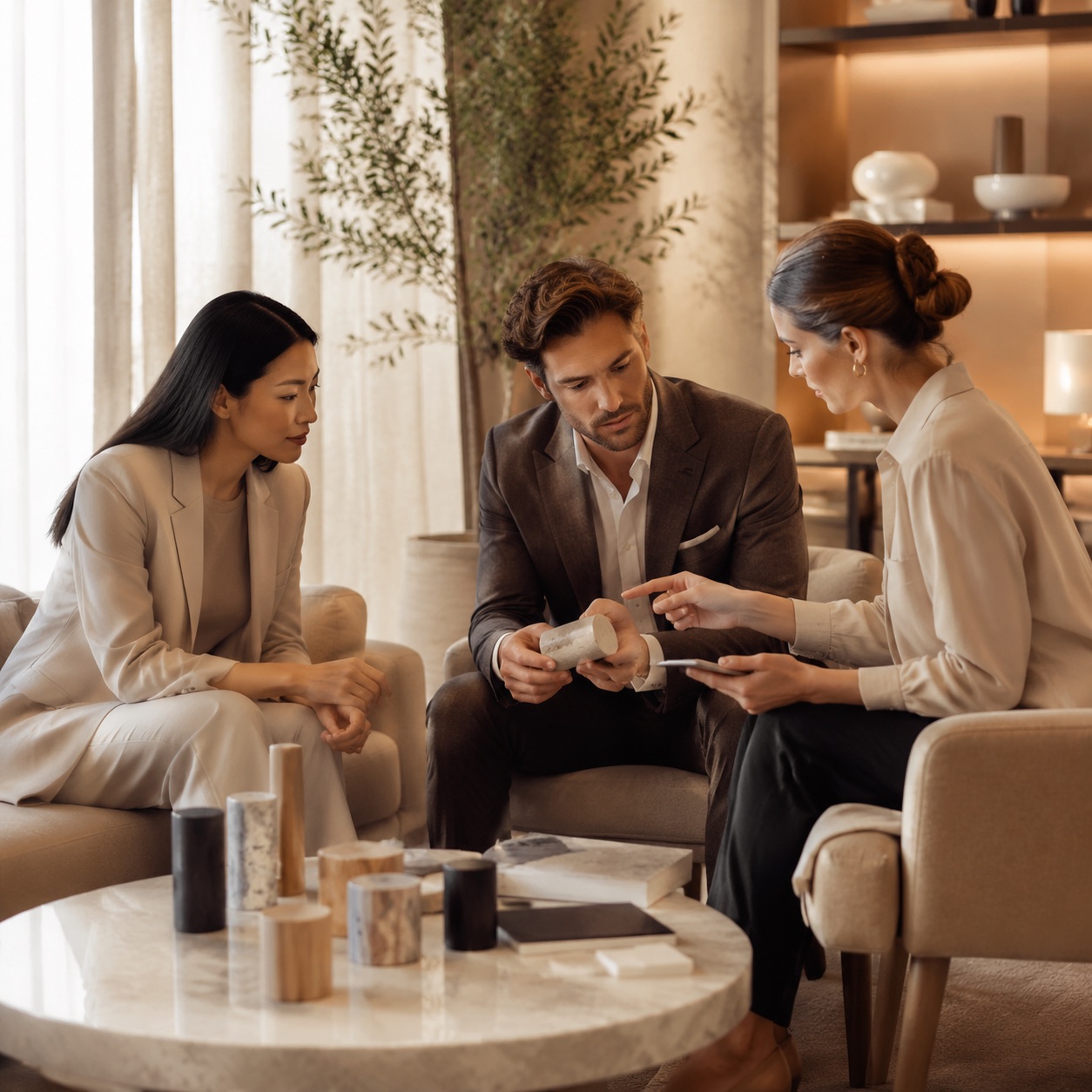 Premium fragrance product discussion in a modern lounge